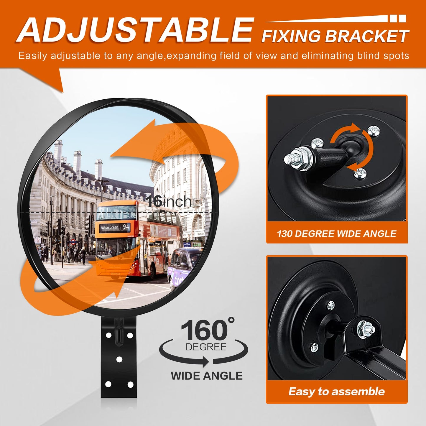 CHIUHEI 16-Inch Convex Security Corner Mirror - Adjustable Fixing Bracket, Wide Angle, Indoor and Outdoor Use - Ideal for Warehouse, Office, Parking Garage, Alleys, Driveways and Traffic Safety(Black）