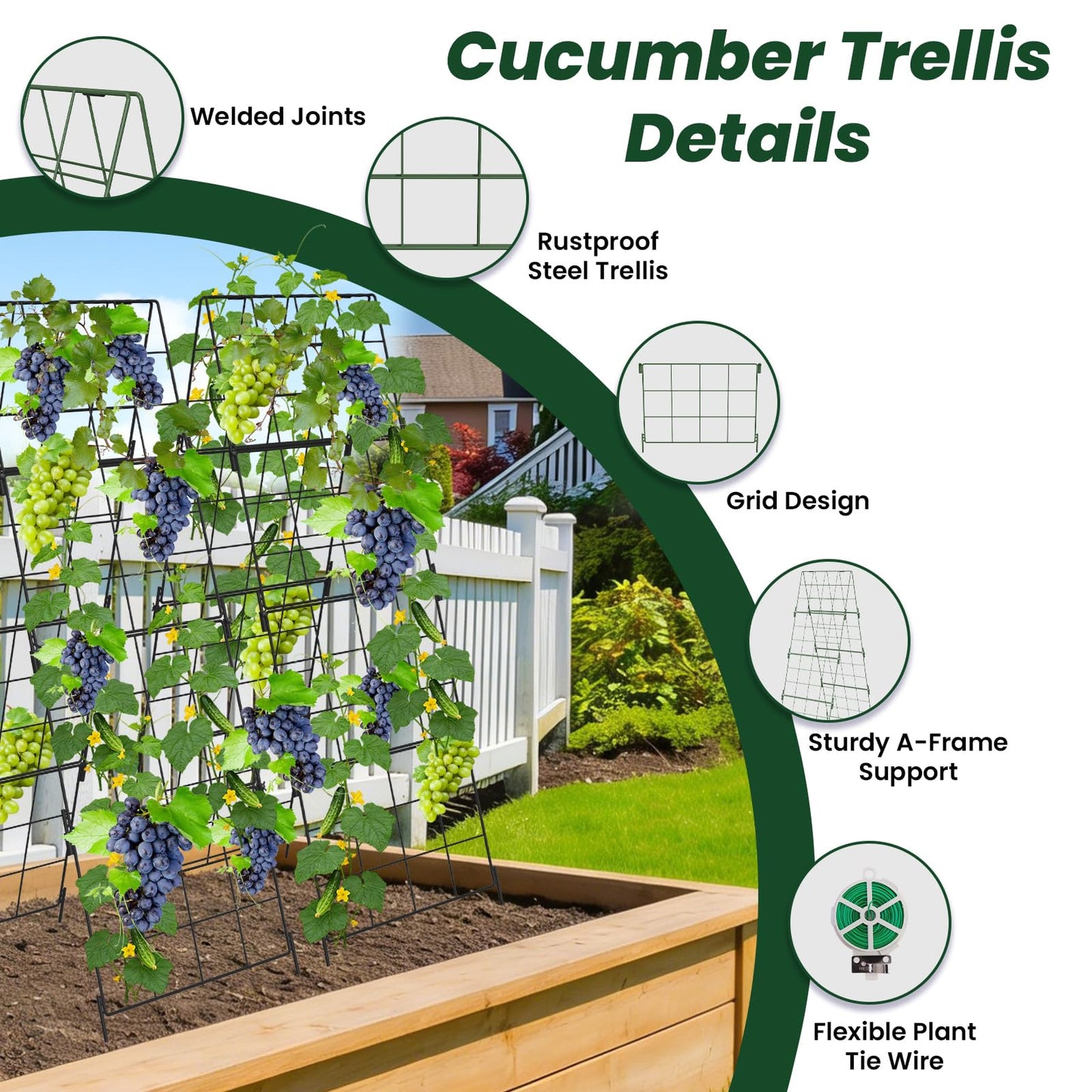 Adjustable A-Frame Trellis for Climbing Plants Outdoor, 48"x16" Cucumber Trellis for Raised Bed, Metal Garden Trellis with Grid Design, Tomato, Grape, Bean, Pea, Squash, Vegetable Trellis (Black)
