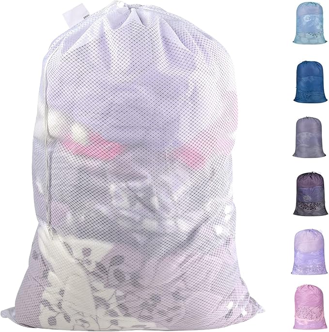 Polecasa Extra Heavy Duty Large Diamond Mesh Laundry Bags with Drawstring Closure & ID Tag, 24 x 36 inches Washable Storage Bag, Laundry Accessory for Hamper, College, Travel, Sports, Dorms, White
