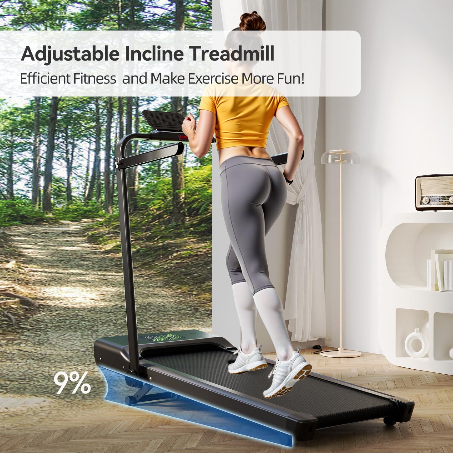DeerRun Foldable Walking Pad Treadmill for Home & Office, Under Desk Walking Pad Treadmill with 9% Manual Incline and Handlebar, 0.6–7.5 MPH, 300 lb Capacity, App & Remote Control