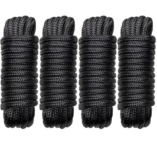 Boat Dock Lines Marine Rope - 1/2" x 15ft with Pre-Spliced 12" Loop Double Braided Nylon Ropes Bumper Tie Mooring Line for Boats Docking Pontoon Boating Accessories - 4 Pack Black