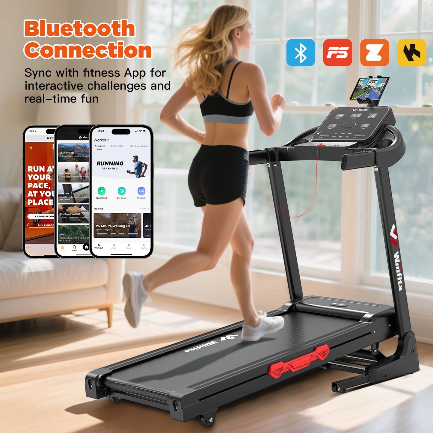 Winfita 3.5HP Incline Treadmill for Home, 300 lbs Weight Capacity Folding Treadmill with 0-12% Auto Incline, 14'' Large Display Running Machine with 8 MPH Speed, Wide Belt, App, Heart Rate