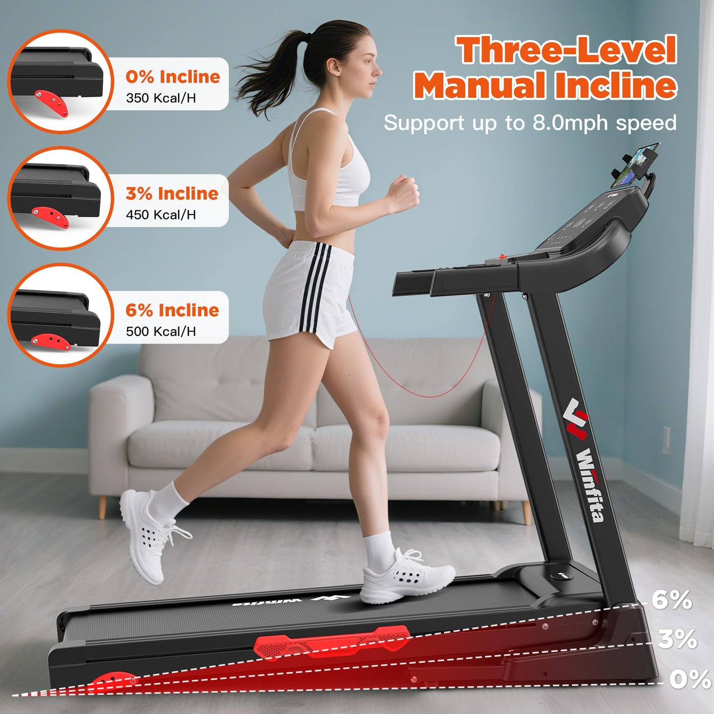 Winfita 3.5HP Folding Treadmills for Home with Incline, 300 lbs Capacity, 8.0 MPH Speed, 17'' Wide Belt, App, 64 Programs, Pause Function, BMI Detector for Home Use