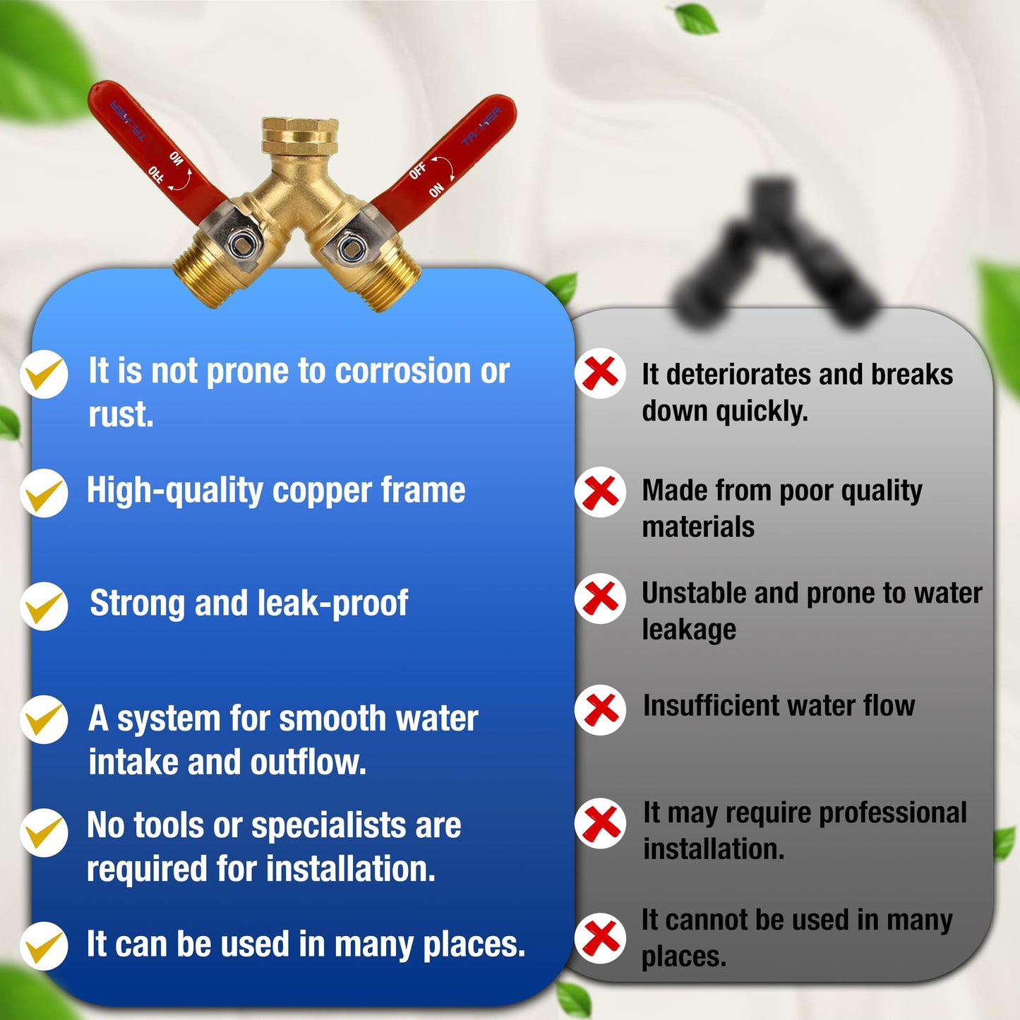 Premium 2 Way Brass Hose Splitter 3/4" Heavy Duty Leakproof Y Valve Garden Faucet Spigot Splitter Easy Long Handles With Extra Fittings and Teflon