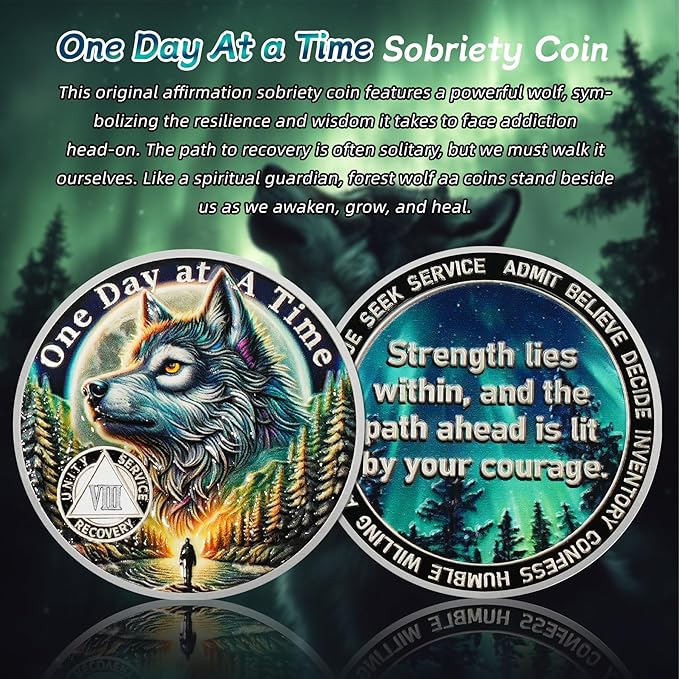 One Day at a Time 8 Year Sobriety Coin - Recovery Aurora Forest Wolf AA Coins - Addiction NA AA Chips and Medallions - Celebrate 1-20 Living Clean Narcotics Alcoholics Anonymous Gifts for Men Women
