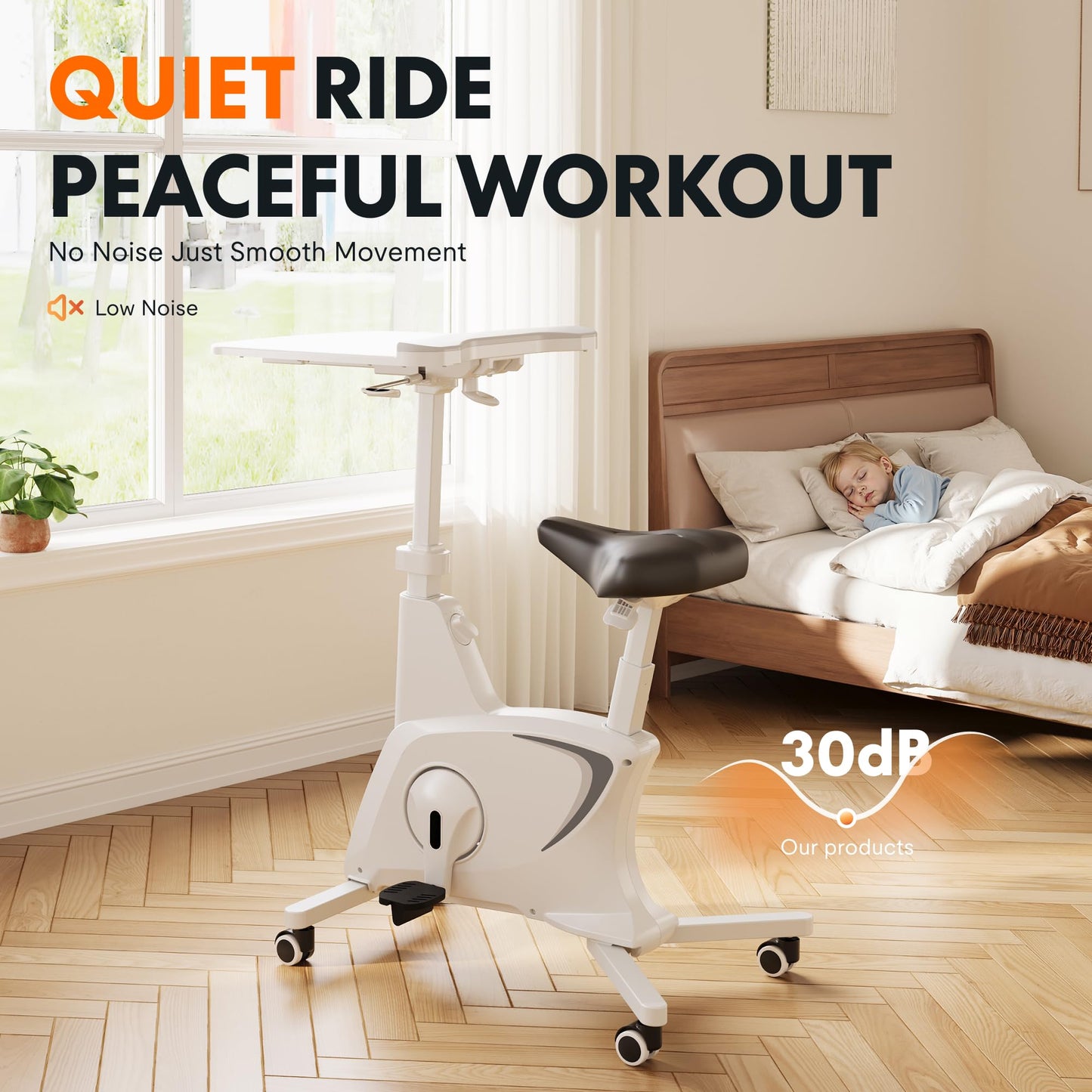 FLEXISPOT Exercise Bike with 2D Desktop, Space Saving Under Desk Bike with Removable Desk, Stationary Bikes Upright Indoor Bikes with 8 Level Magnetic Resistance Upgraded Pro Flywheel, V9 White