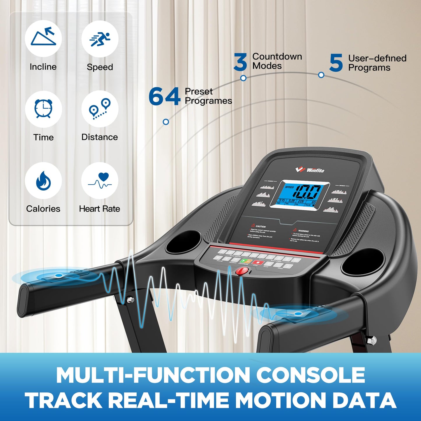 Winfita 4.0HP Treadmill for Home, Folding Treadmill with 15% Auto Incline, 300 LBS Capacity, 10 MPH Max Speed, 18'' x 50'' Wide Belt,App, 64 Preset Programs, Pulse Monitor, BMI Detector