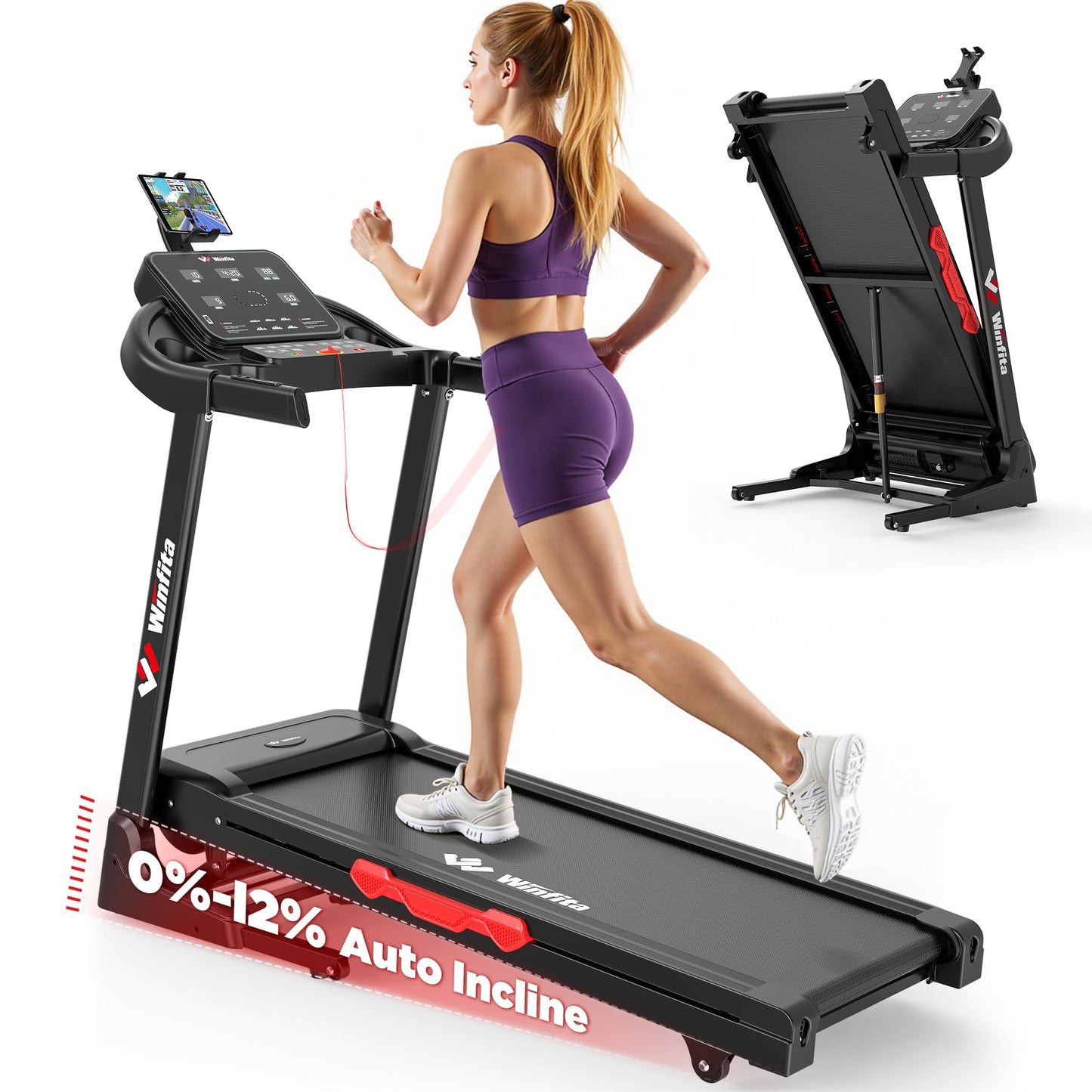 Winfita 3.5HP Incline Treadmill for Home, 300 lbs Weight Capacity Folding Treadmill with 0-12% Auto Incline, 14'' Large Display Running Machine with 8 MPH Speed, Wide Belt, App, Heart Rate