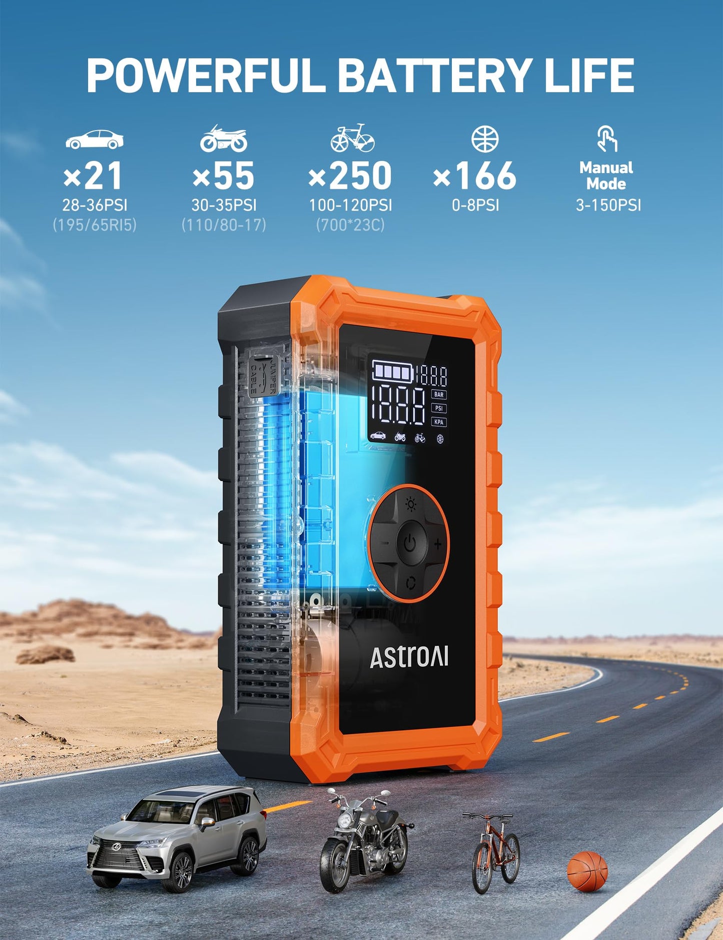 AstroAI S8 Air Jump Starter with Air Compressor, 3000A Peak Car Battery Jump Starter Portable (9.0 Gas/6.5L Diesel) with 150PSI Cordless Auto-Shutoff Tire Inflator, 12V Battery Charger Booster(Orange)