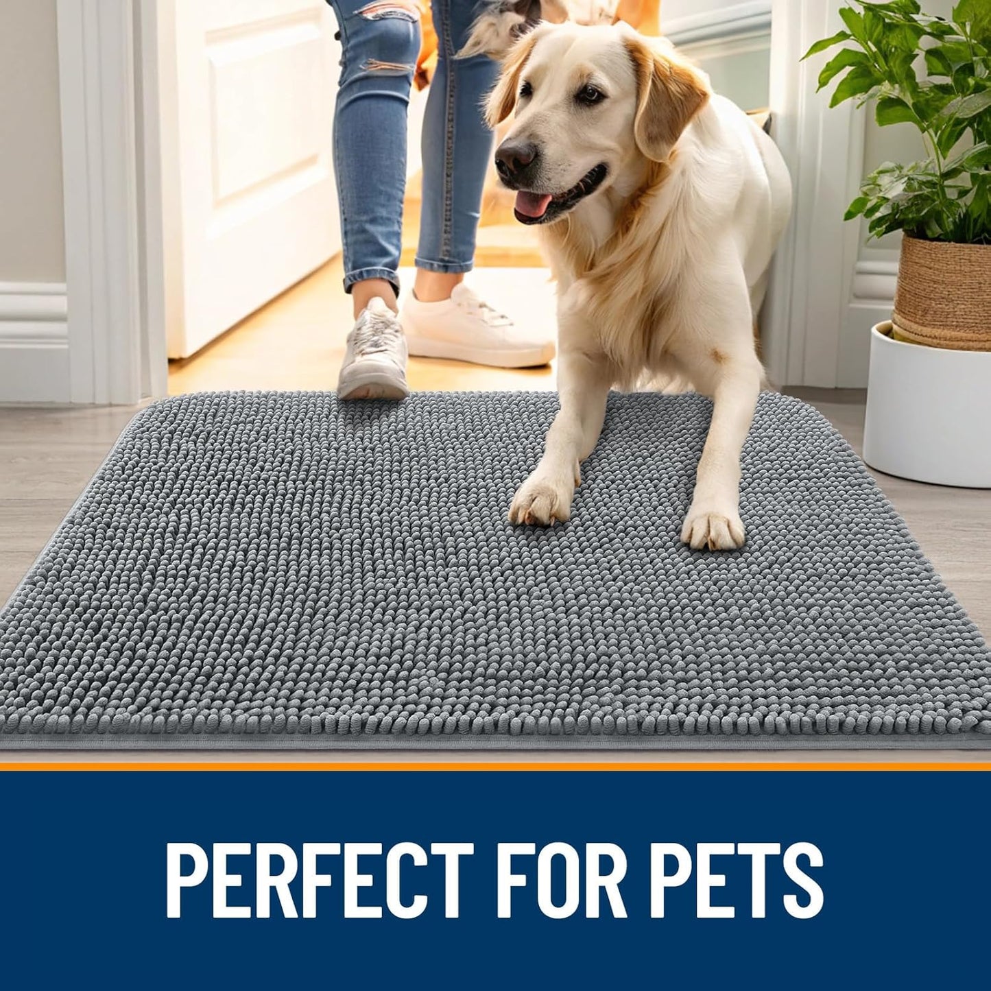 OLANLY Dog Door Mat - Absorbent Non-Slip Chenille Mat for Muddy Paws | 47x17 Inches, Grey