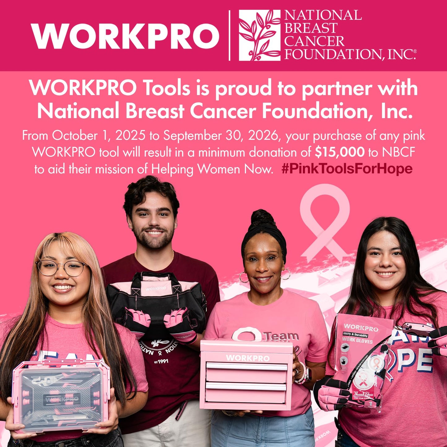WORKPRO Pink Cordless Drill Set, 8V Impact Drill Driver with 53pcs Bit Set, 2.0Ah Electric Power Drill Kit with 3/8" Keyless Chuck and Variable Speed Trigger, Portable for DIY- Pink Ribbon