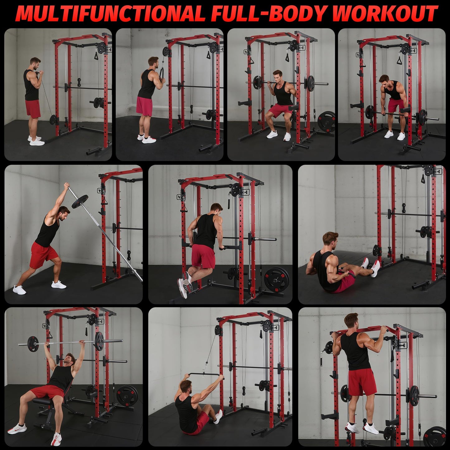 Garvee Power Cage, Smith Machine Squat Rack, Heavy Duty Power Rack for Home Gym with Pulley System, Dip Bar, LAT Pulldown, Multifunctional Squat Rack for Home Gym