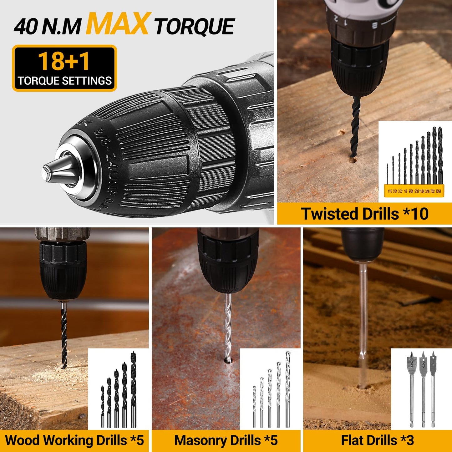 Cordless Drill Tool Kit Set: 20V Power Drill Tool Box with Battery Electric Drill Driver for Men Home Hand Repair Basic Toolbox Tools Sets Drills Case