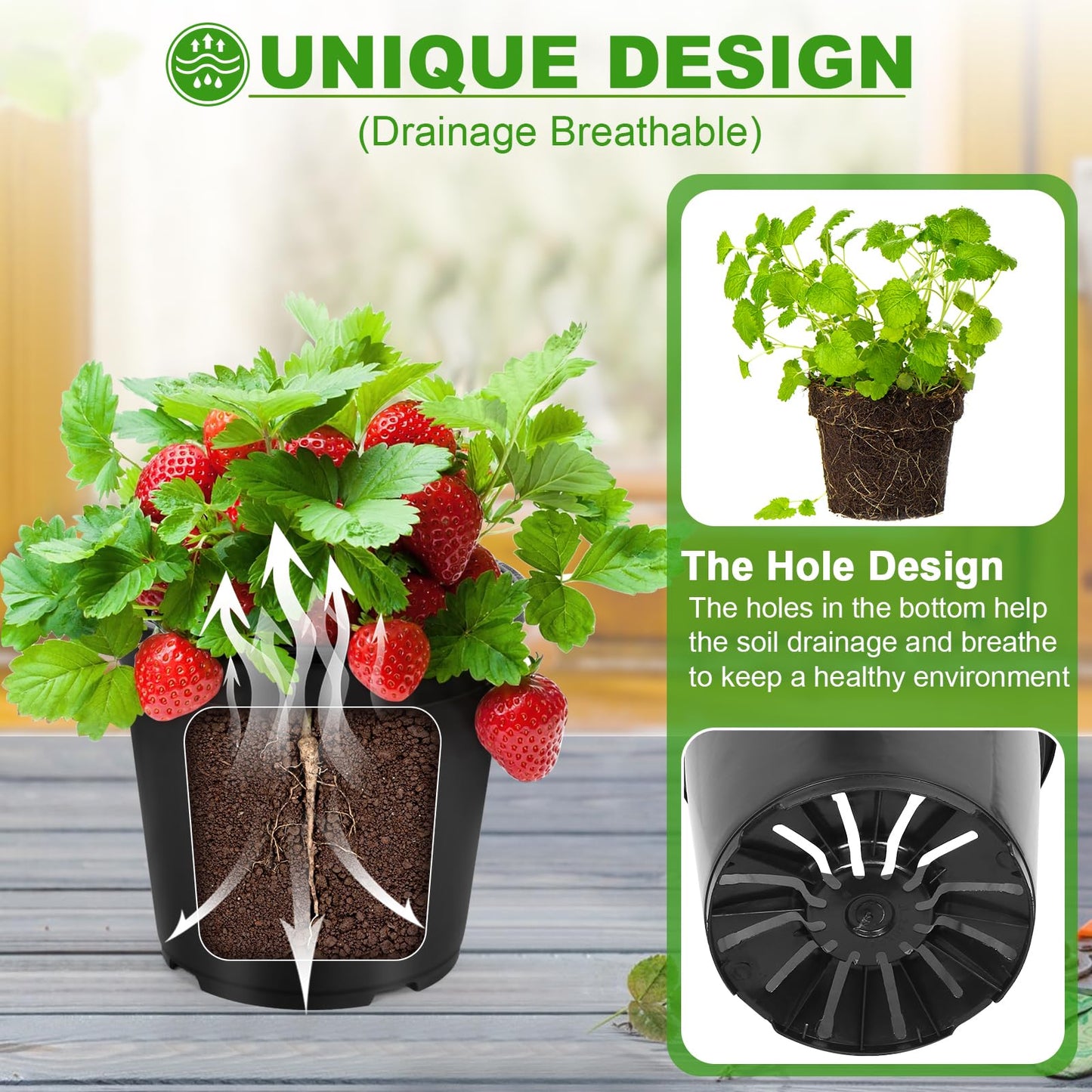 DUNPUTE 4 Pack 7 Gallon Pots for Plants, 7 Gallon Plastic Nursery Pot with Drainage Holes, Sturdy Plastic Plant Pots for Nursery Garden, Flowers, Succulent Outdoor Indoor (Black, 7 Gal- 4 Pack)