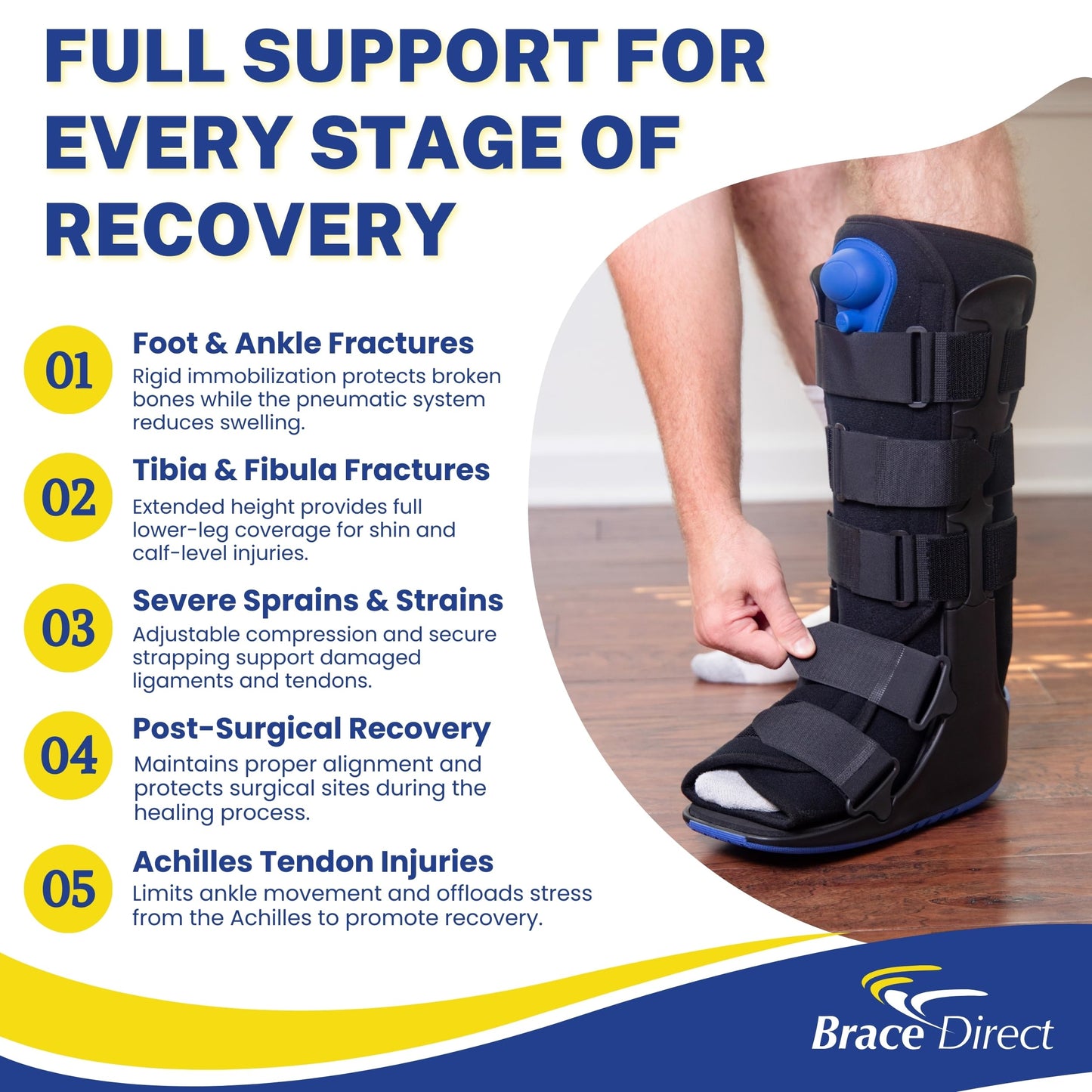 Brace Direct ActiveAir Deluxe Tall Walking Boot – Pneumatic Medical Fracture Boot for Ankle & Foot Injuries, Post-Op Immobilization, Achilles Support (L4361)