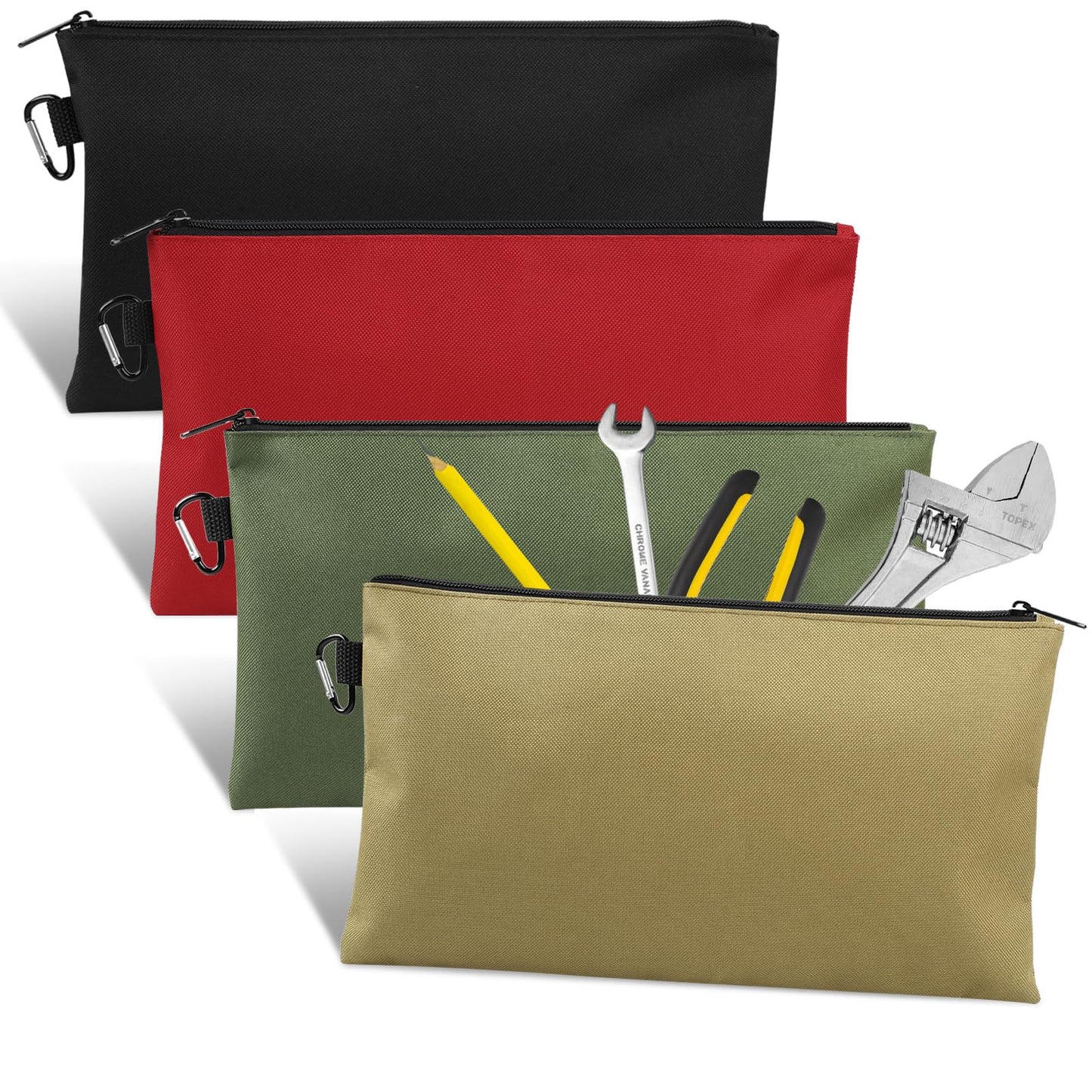 4 Pack Tool Bag, Premium Tool Pouch Zipper Bag, 12" Tool Pouch with Zipper, Multipurpose Storage Pouch with Carabiner for Tools, Stationary, Pencil Pouch, Gadgets, Cosmetics
