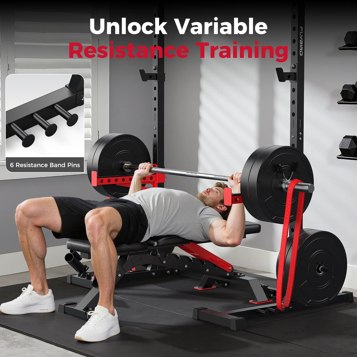 FLYBIRD SR1 Squat Rack with Pull-Up Bar, Multi-Functional Power Rack for Home Gym, 22 Safety Position Height & Adjustable Width for 6/7ft Barbells, Includes Extended J-Hooks & Landmine Attachment