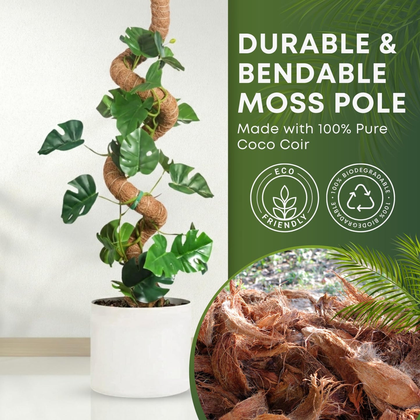 Auraville Bendable Moss Pole for Plants | 2 Pack 60 Inch Tall Moss Pole Monstera Plant Support | Large Poles for Climbing Plants | Handmade Plant Sticks Support Tall Potted Plants