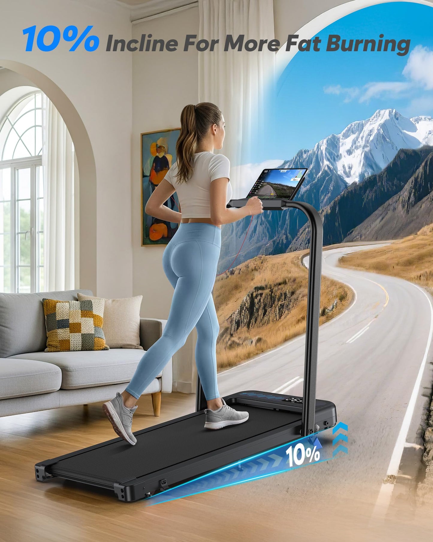 Cardirun Walking Pad with Incline and Handle Bar, Foldable Treadmills for Home Small Spaces, 3.0HP Quiet Compact Treadmill, Portable Under Desk Treadmill with LED Display, App & Remote Control