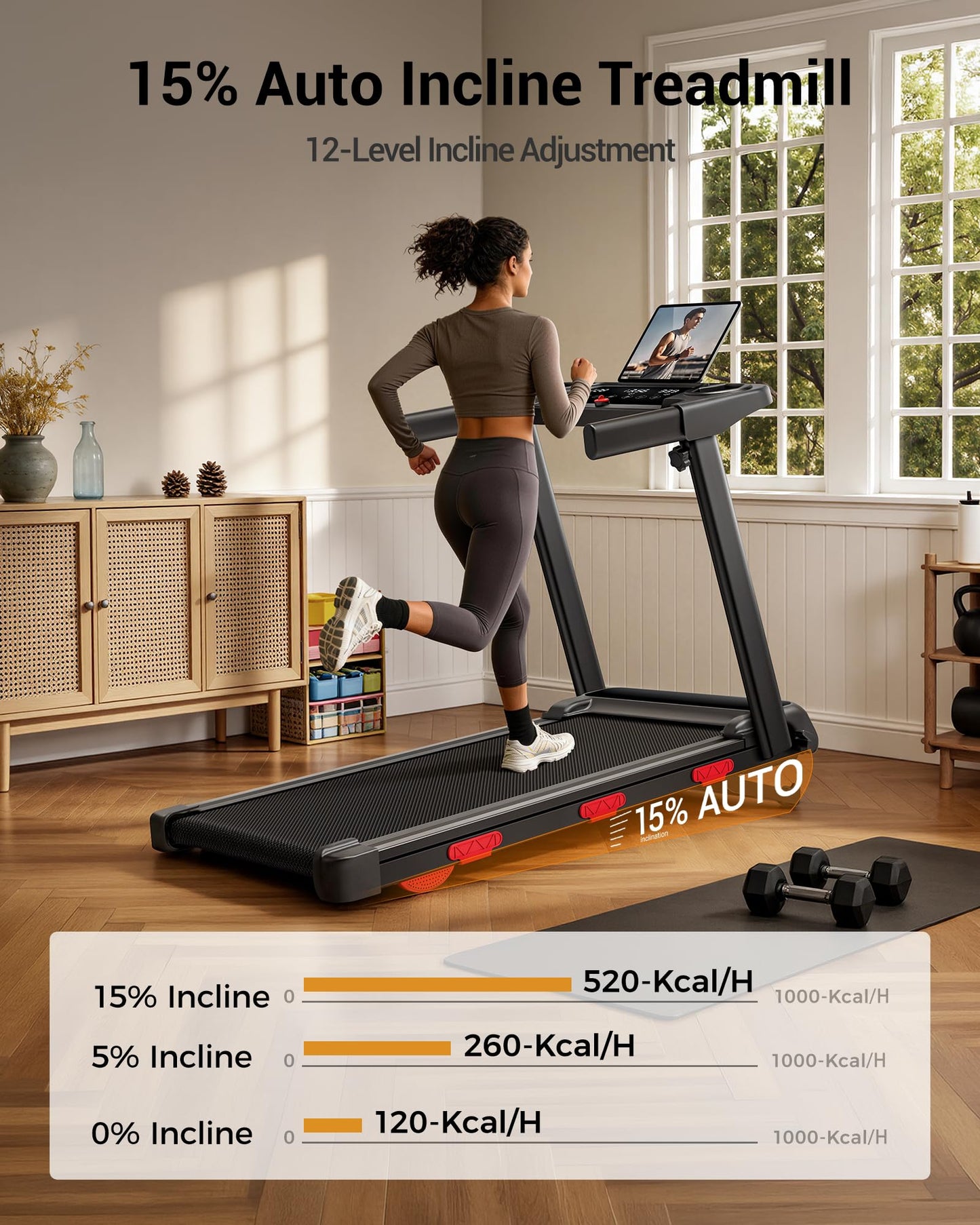 LONTEK 15% Auto Incline Treadmills for Home, 10S Folds Away Portable Treadmill with Led Screen & Handle Bar Up to 300LBS Capacity, 3.0HP 7-Layer Shock-Absorbing Walking Pad Treadmill 0.6-7.2MPH