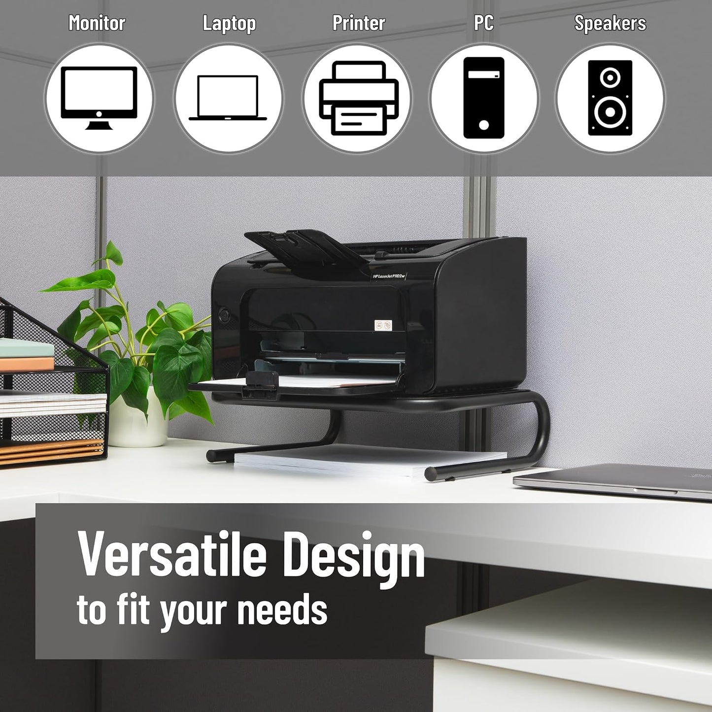 Black Metal Monitor Stand - Ergonomic Laptop Riser & Desktop Organizer