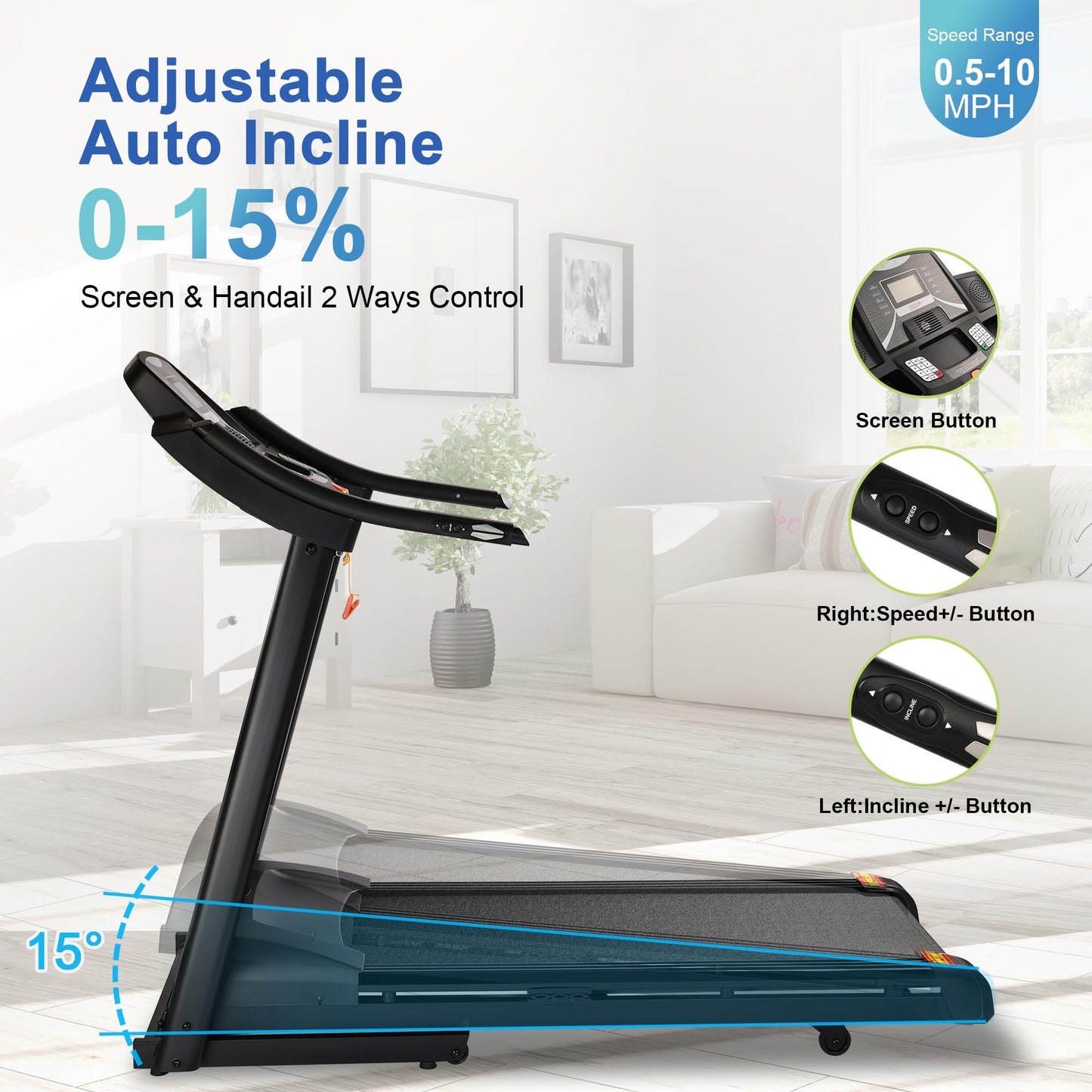 ZRNONAOZ Treadmills for Home, Treadmill with 0-15% Auto Incline, 20" Wide Running Machine with Bluetooth Speaker & Pulse Monitor, 4.0HP Folding Electric Treadmil, 350 LBS Weight Capacity