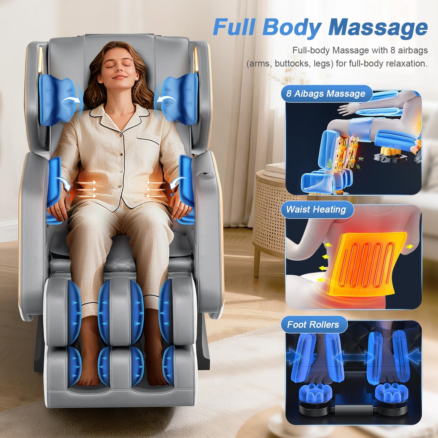 NAGLIFOR Massage Chair Full Body, Zero Gravity Massage Chair 2026 for Back Fatigue with 10 Fixed Rollers, Heating, Airbags, Phone Controller, Bluetooth Speaker, Nightlights for Living Room, Bedroom