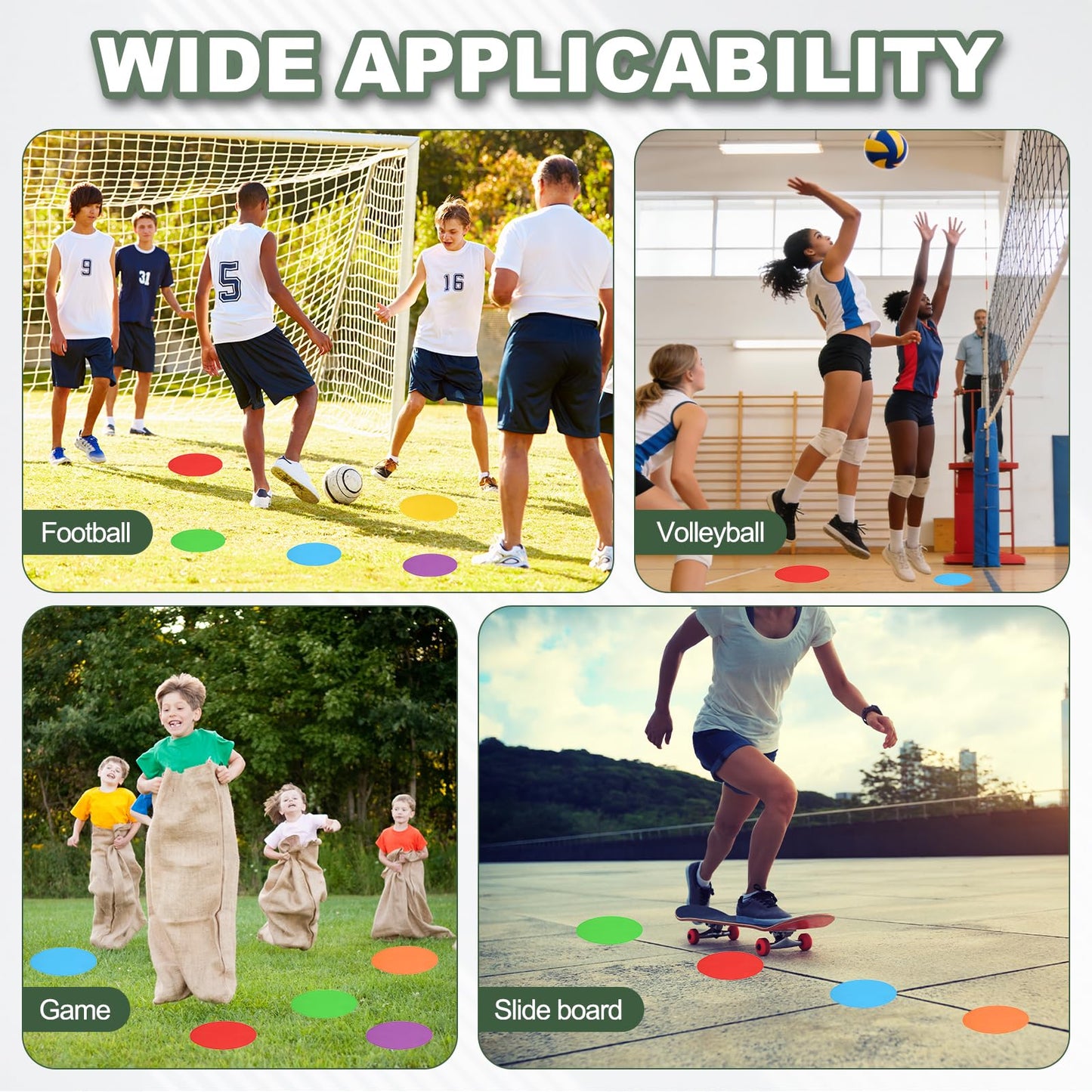 YELARXI Spot Markers for Agility Dot, Non-Slip Poly Spots Floor Dots Flat Field Soccer Training Equipment 12 in & 6 Pcs & Green -Fitting for (Gym/Sports/Training/PE Games/Dance)