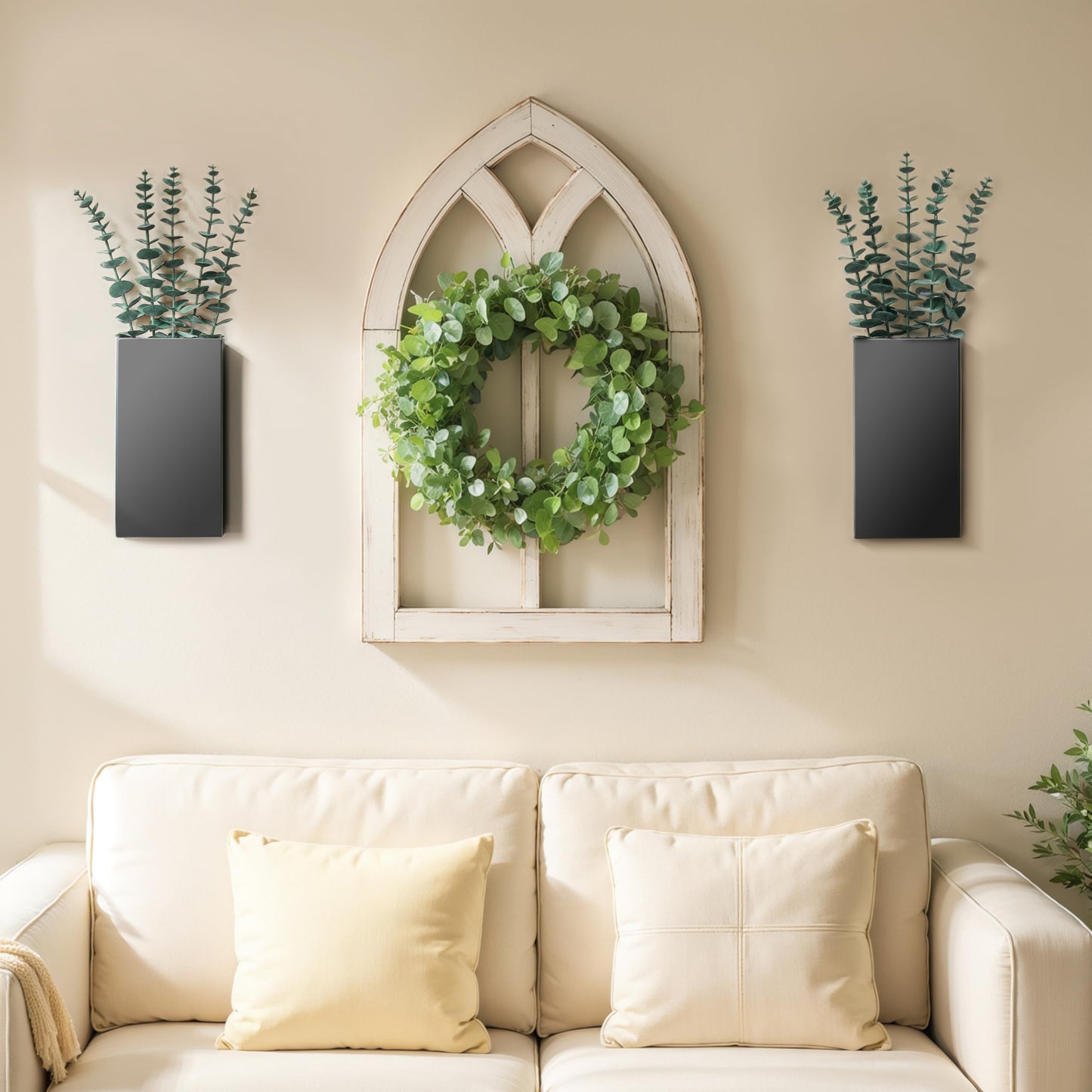 2 Pack Metal Wall Planter Vases Decor with Artificial Eucalyptus, Modern Farmhouse Rustic Hanging Pocket Planters for Indoor Greenery and Flowers, Living Room Bedroom Kitchen Decoration, Black