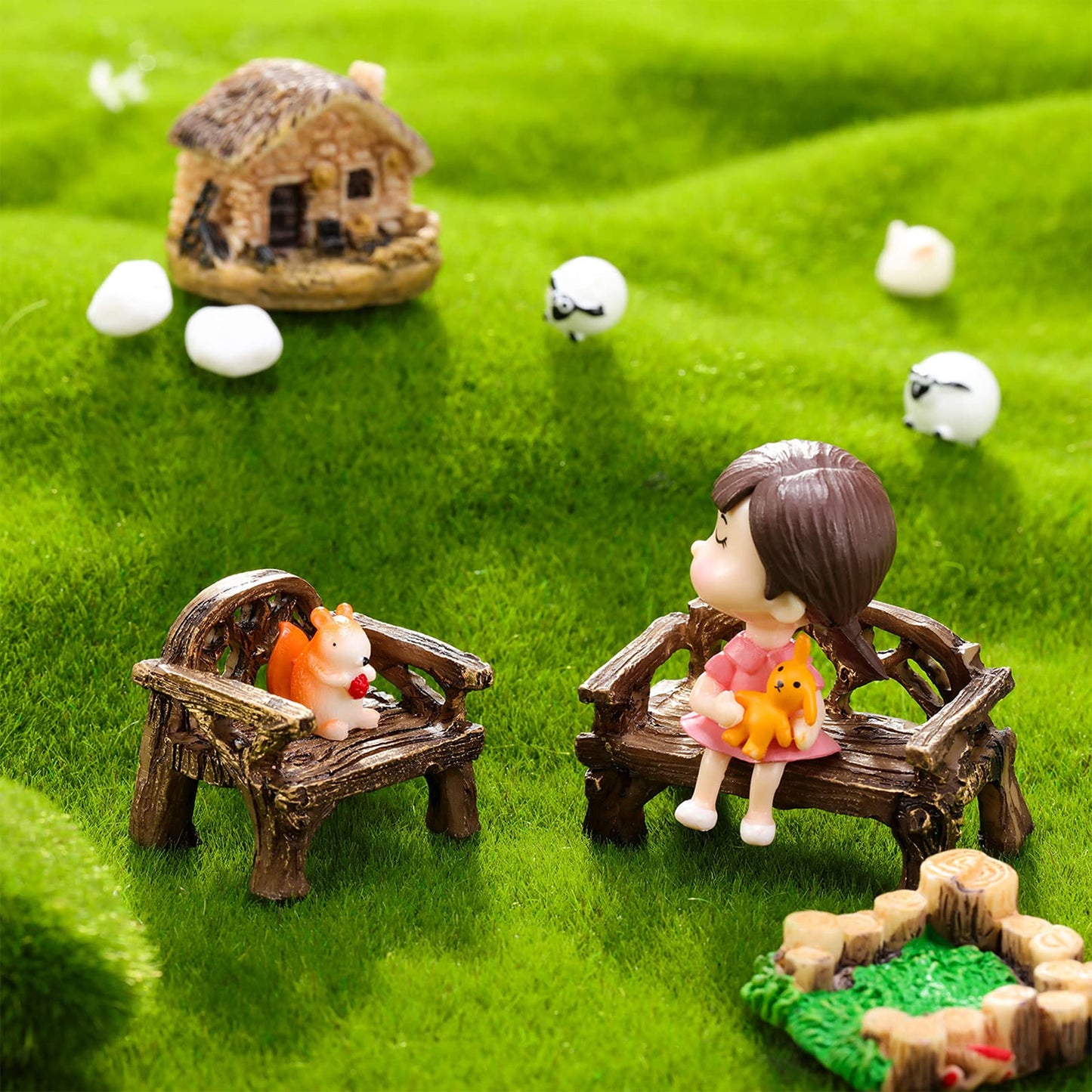 Skylety 12 Pieces Garden Furniture Ornaments Miniature Table and Chairs Set Village Micro Resin Bench Chair for Dollhouse Accessories Home Micro Landscape (Cute Style)