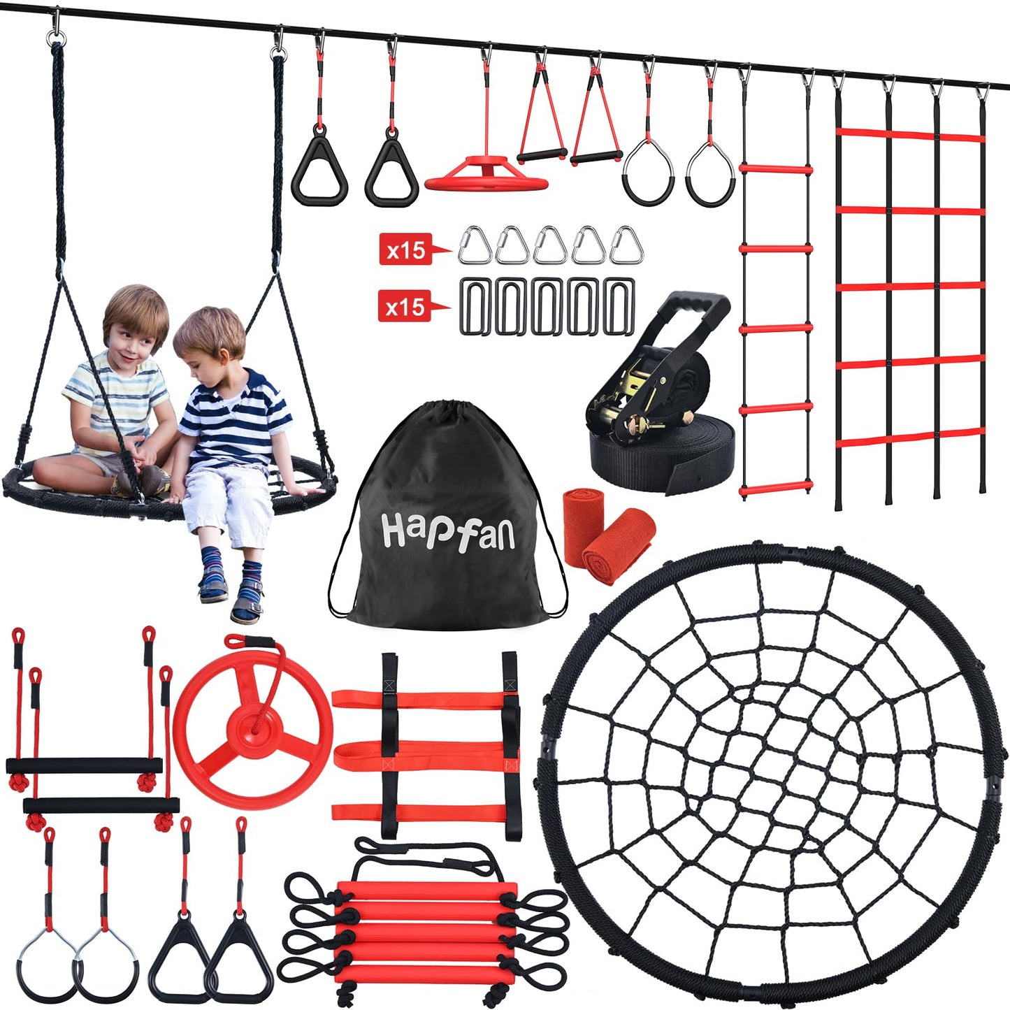 Hapfan 50 ft Ninja Warrior Obstacle Course for Kids with Tree Swing, Portable Slackline Swing Set with Weather-Proof Obstacles, Tree Jungle Gym Outdoor Playset for Backyard Outside