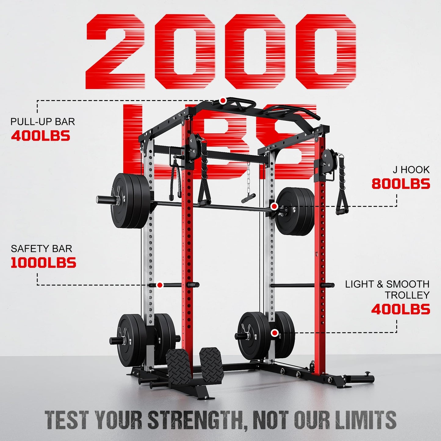 GOIMU DP01 Power Cage, 2000LBS Squat Rack with Cable Crossover and Dual Independent Pulley System, Full Cage for Full Body Training, Power Rack with More Training Attachments for Home Gym (Red)