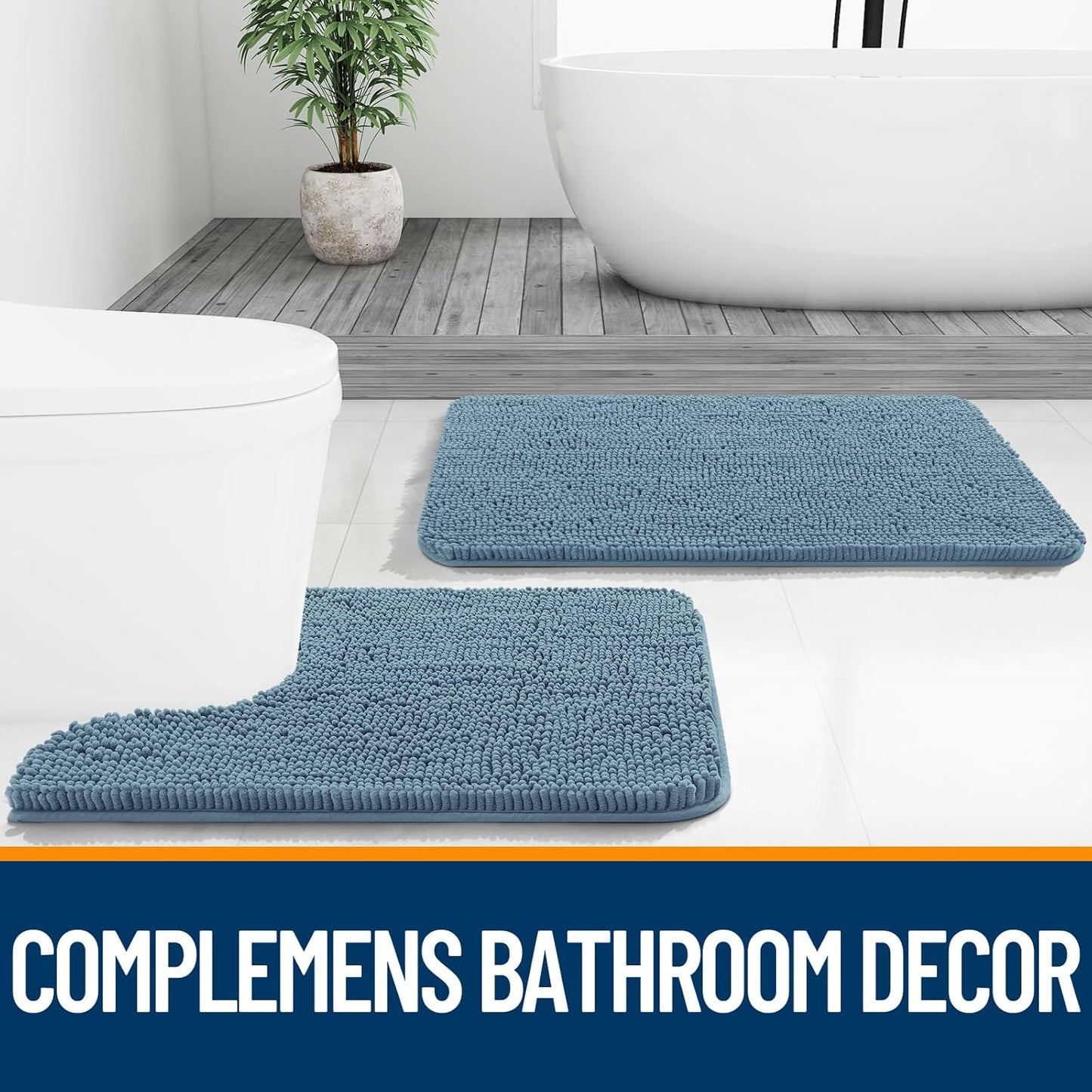 OLANLY Bath Rugs - Extra Soft Chenille, Quick-Dry, Machine Washable | 24x16, Airy Blue Design