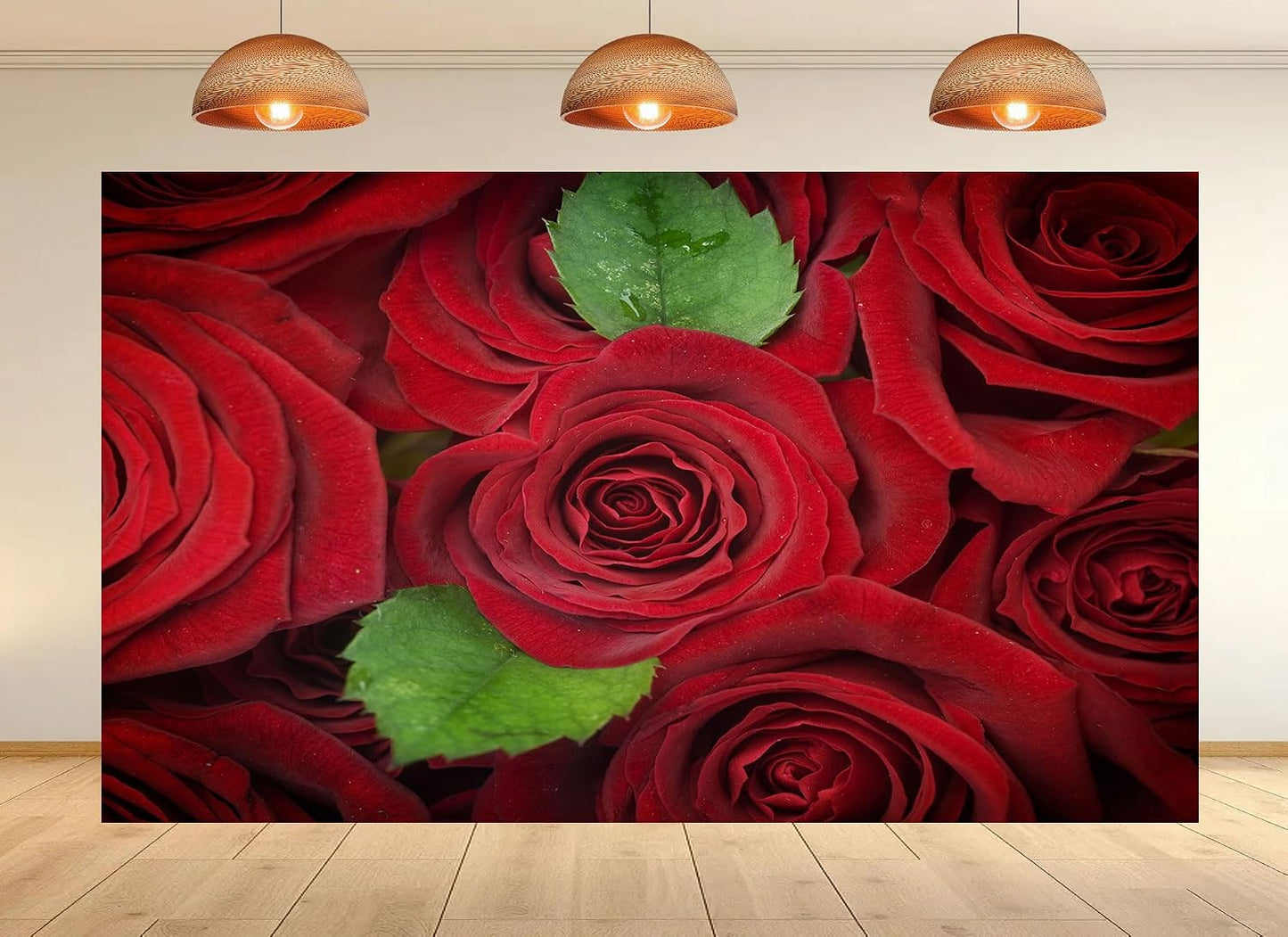 UPXIO 10x7ft Red Roses with Green Leaves Backdrop Romantic Floral Bouquet Photo Background Tapestry for Valentine's Day