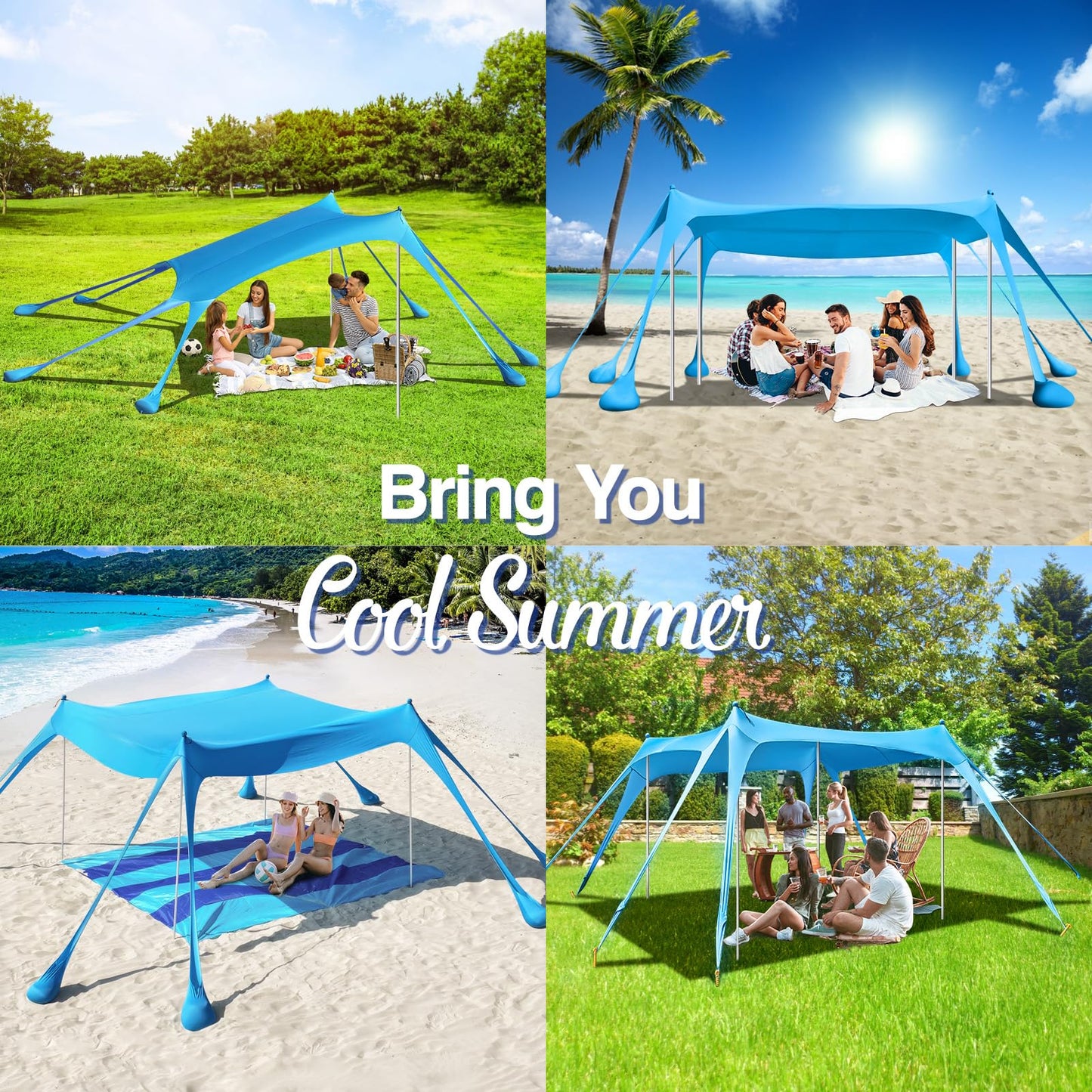 Rhino Valley Beach Tent, 10 x 10 FT Beach Shade UPF50+ Protection, Beach Canopy with 8 Sandbags 4 Stability Poles, Outdoor Beach Tent Sun Shelter Umbrella for Sand,Camping,Fishing Essentials, Sky Blue