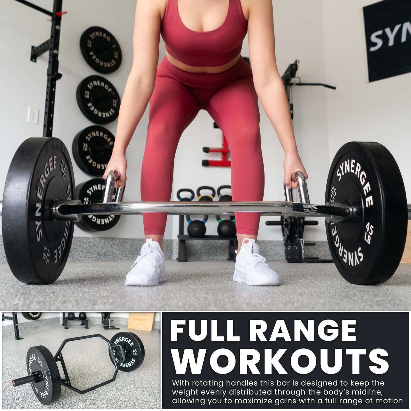 Synergee 25kg Black Olympic Hex Barbell Trap Bar with Two Handles for Squats, Deadlifts, Shrugs and Power Pulls. 56” Long Bar with 10” Sleeve.