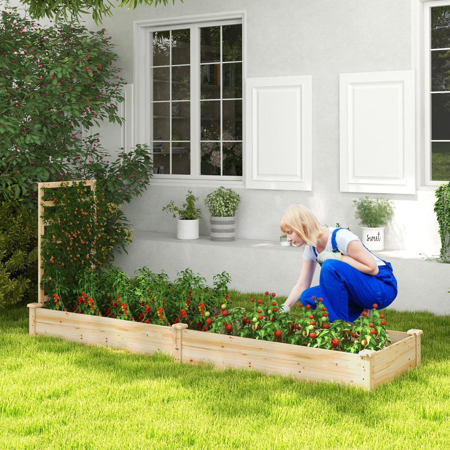 HAPPYGRILL Raised Garden Bed with Trellis, Wooden Garden Box with Divided Space for Vegetables, Flowers, Fruits, Climbing Plants, Outdoor Elevated Planter Box for Yard Patio, 93”L x 25”W x 40”H