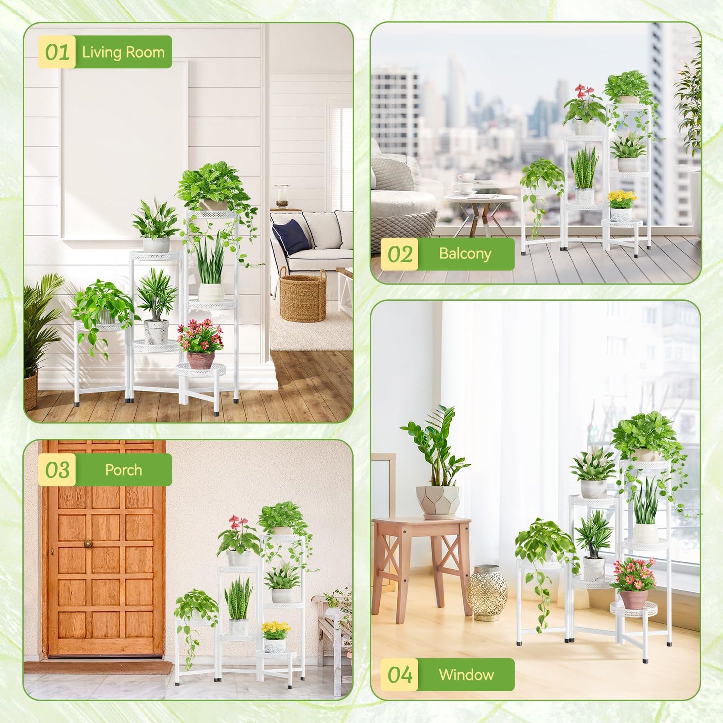 iDavosic.ly Plant Stand Indoor Outdoor, 6 Tier Corner Metal Flower Display Holder Shelf, Folding Tall Orchid Rack for Patio Balcony Porch Garden Living Room House, Wrought Iron - White