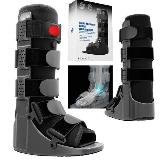 Braceapedia Tall Air Compression Walking Boot Foot Brace - Side Pump Pneumatic Brace for Ankle Support & Foot Injuries - 360 Rocker Sole Cam Walker for Stress Fractures, Black, L