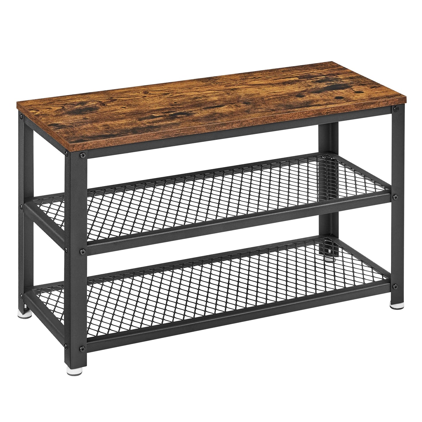 VASAGLE 3-Tier Shoe Rack, Shelf Storage Bench with Metal Mesh Shelves and Seat, Free Standing Shoe Organizer for Entryway, 11.8 x 28.7 x 17.7 Inches, Rustic Brown and Black ULBS73X