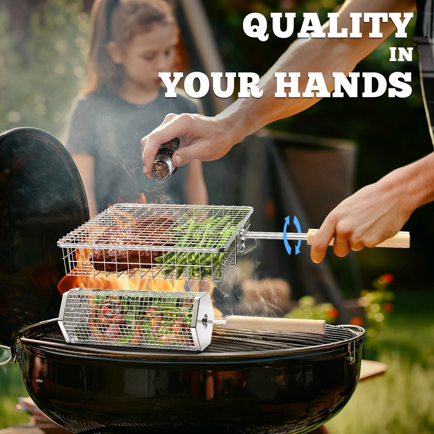 ivtivfu Grill Basket Set, Removable Wooden Handle, 304 Stainless Steel, Rolling BBQ Tools, Smoker Grilling Accessories for Vegetable Fish, Outdoor Cooking Camping, Birthday Gifts for Men Dad Husband