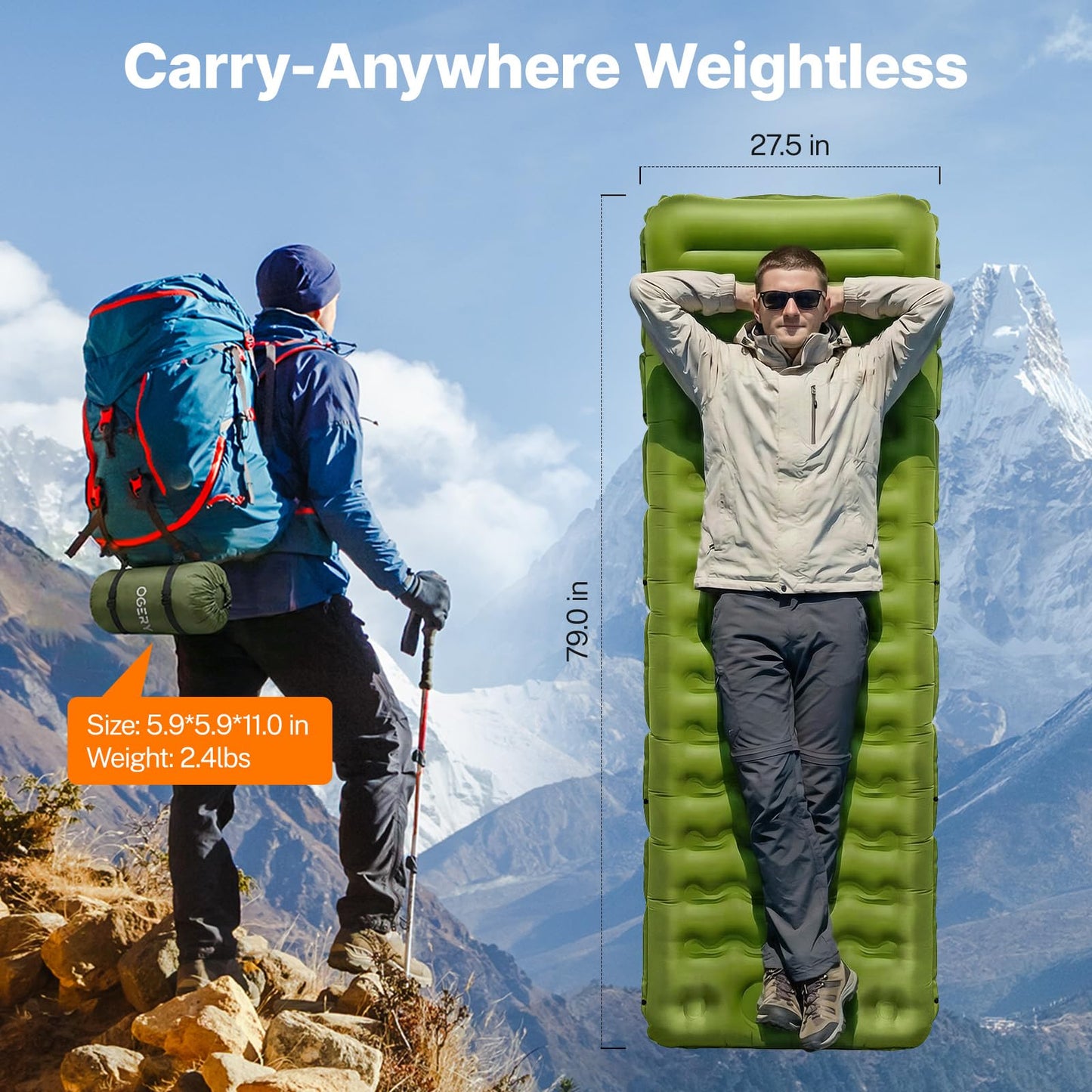 OGERY Sleeping Pad, Ultralight Inflating Sleeping Pad for Camping with Pillow Built-in Foot Pump, 6" Extra-Thick Reinforced Camping Pad for Hiking, Backpacking, Tent, Single,Green
