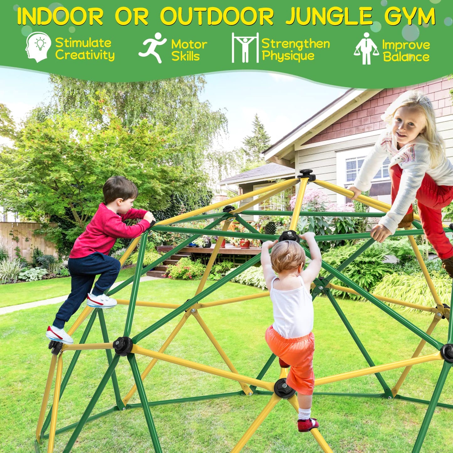GIKPAL Climbing Dome, 10FT Dome Climber with Hammock for Kids 3 to 10 Outdoor Play Equipment, Supports up to 1000lbs Jungle Gym, Anti-Rust, Easy Assembly, Yellow+Green