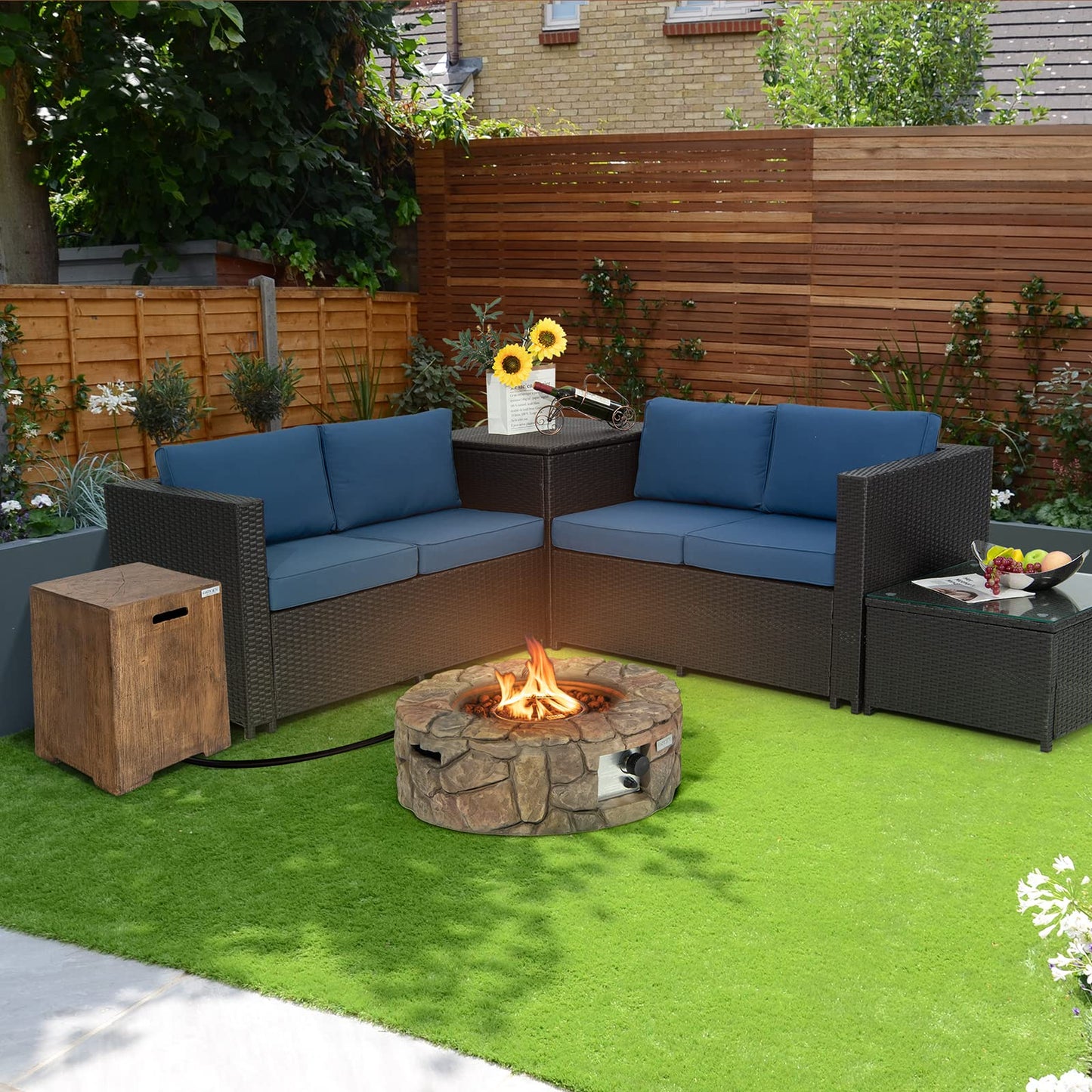 Tangkula 28 Inch Round Propane Gas Fire Pit, Patiojoy 40,000 BTU Stone Look Outdoor Propane Fire Pit with Lava Rocks & PVC Cover, Faux Stone Gas Fire Pit Table for Patio, Courtyard, Garden (Brown)