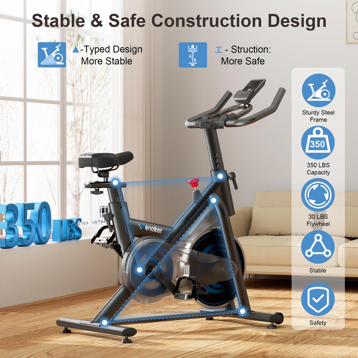 Exercise Bike for Home – 350LB Magnetic Resistance Indoor Cycling Bike, Silent Stationary Spin Bike with App Sync, Adjustable Seat, LCD Monitor, Smooth & Quiet for Cardio Workout
