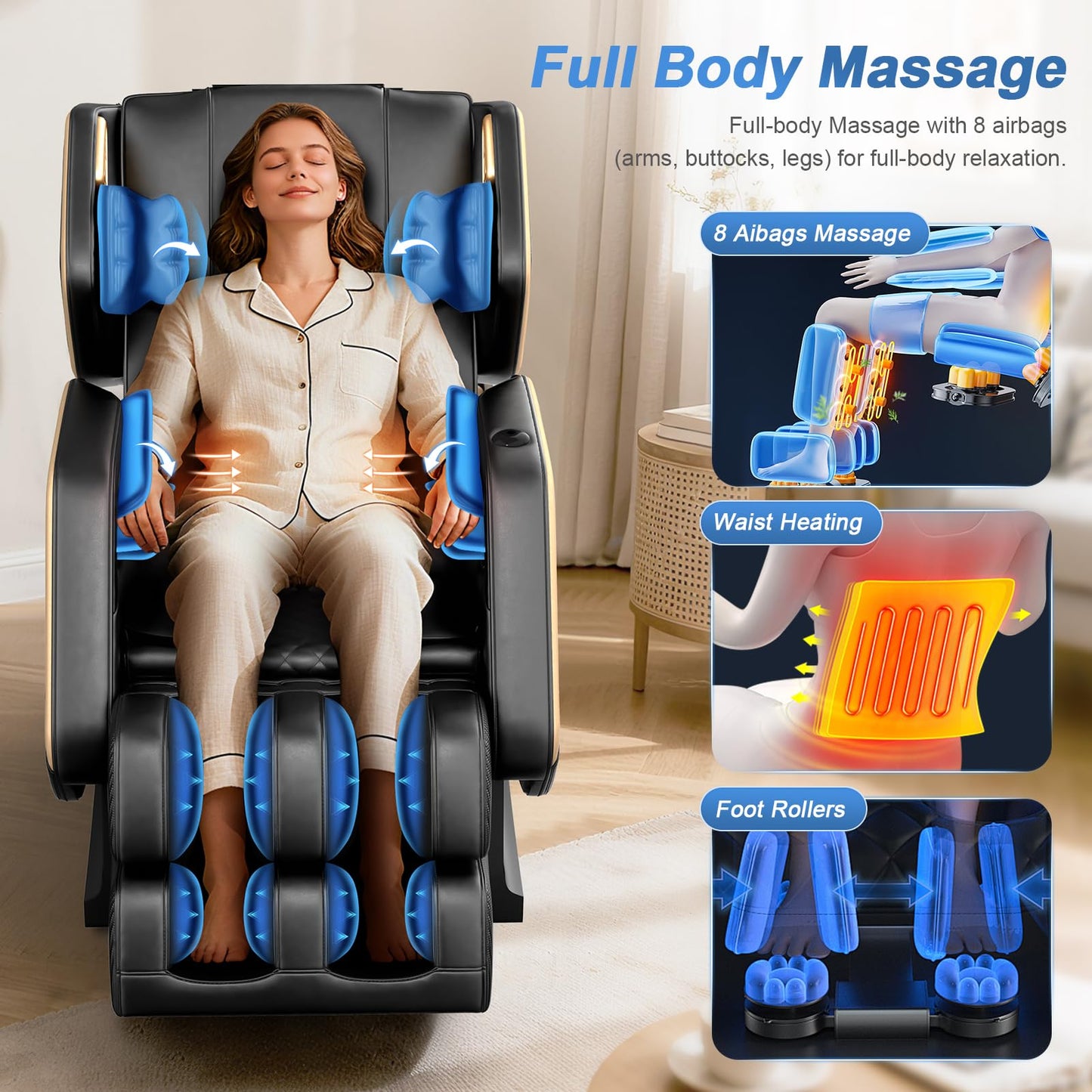 NAGLIFOR Massage Chair Full Body, Zero Gravity Massage Chair 2026 for Back Fatigue with 10 Fixed Rollers, Heating, Airbags, Phone Controller, Bluetooth Speaker, Nightlights for Living Room, Bedroom