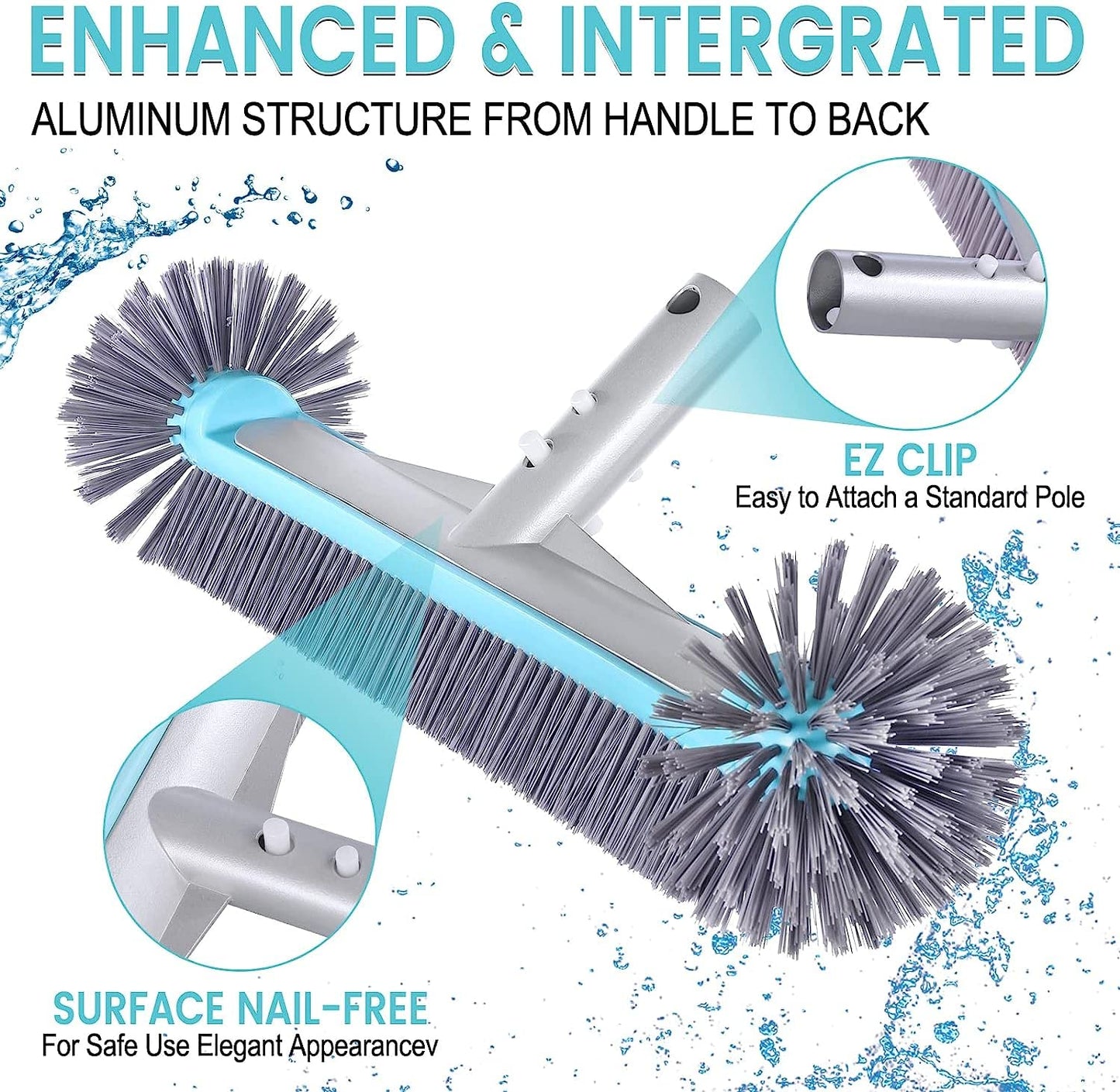 Swimming Pool Brush Head with Round Ends，17.5" Heavy Duty Aluminum Back Head for Cleans Walls, Tiles & Floors, 7 Rows Premium Nylon Bristles with EZ Clips (Blue Grey)