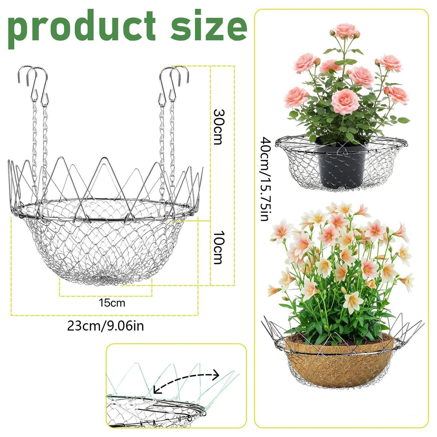 Adjustable Planter Insert - Stainless Steel Rustproof Pot with Hanging Chains | Heavy Duty Expandable Plant Filler, Durable Mesh Base, Easy Lift Design & Secure Placement for Indoor Outdoor Flowers Po