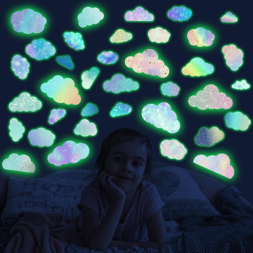 Glow in The Dark Colorful Clouds Wall Stickers, Holographic Rainbow Cloud Wall Stickers for Kids Bedroom, Colorful Glitter Vinyl Clouds Decals, Living Room Nursery Playroom Room Home Decor