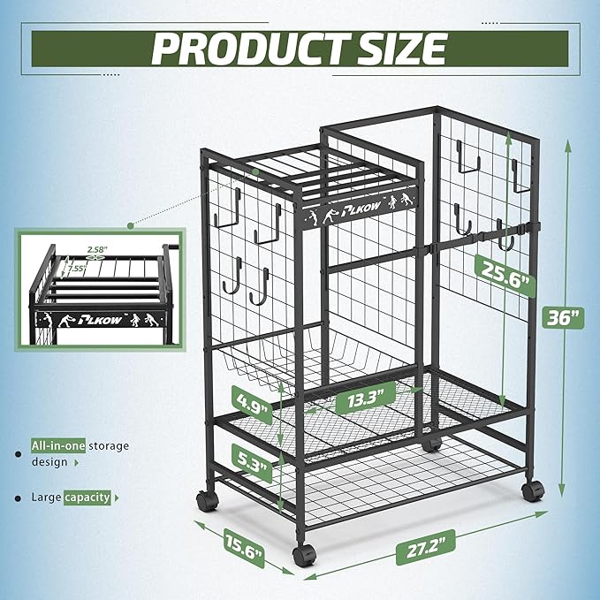 PLKOW Tennis Bag Organizer Tennis Racket Storage Rack, Tennis Equipment Holder for Bags, Balls, Racquet & Accessories, Versatile Gear Organizer for Garage, Club, or School